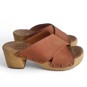 KORK-EASE Tatum Cognac Leather Slide On Faux Wood Platform Heel Sandal Women's 9